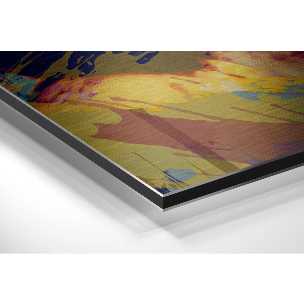 Vibrant abstract art print on brushed aluminium dibond with yellow, blue, red splashes