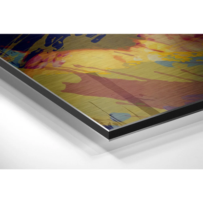 Vibrant abstract art print on brushed aluminium dibond with yellow, blue, red splashes