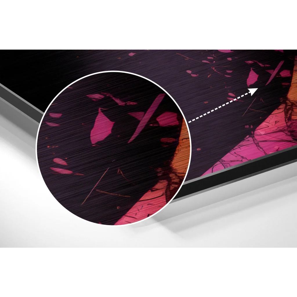 Sleek black-framed brushed aluminium dibond print with vibrant magenta orange abstract art