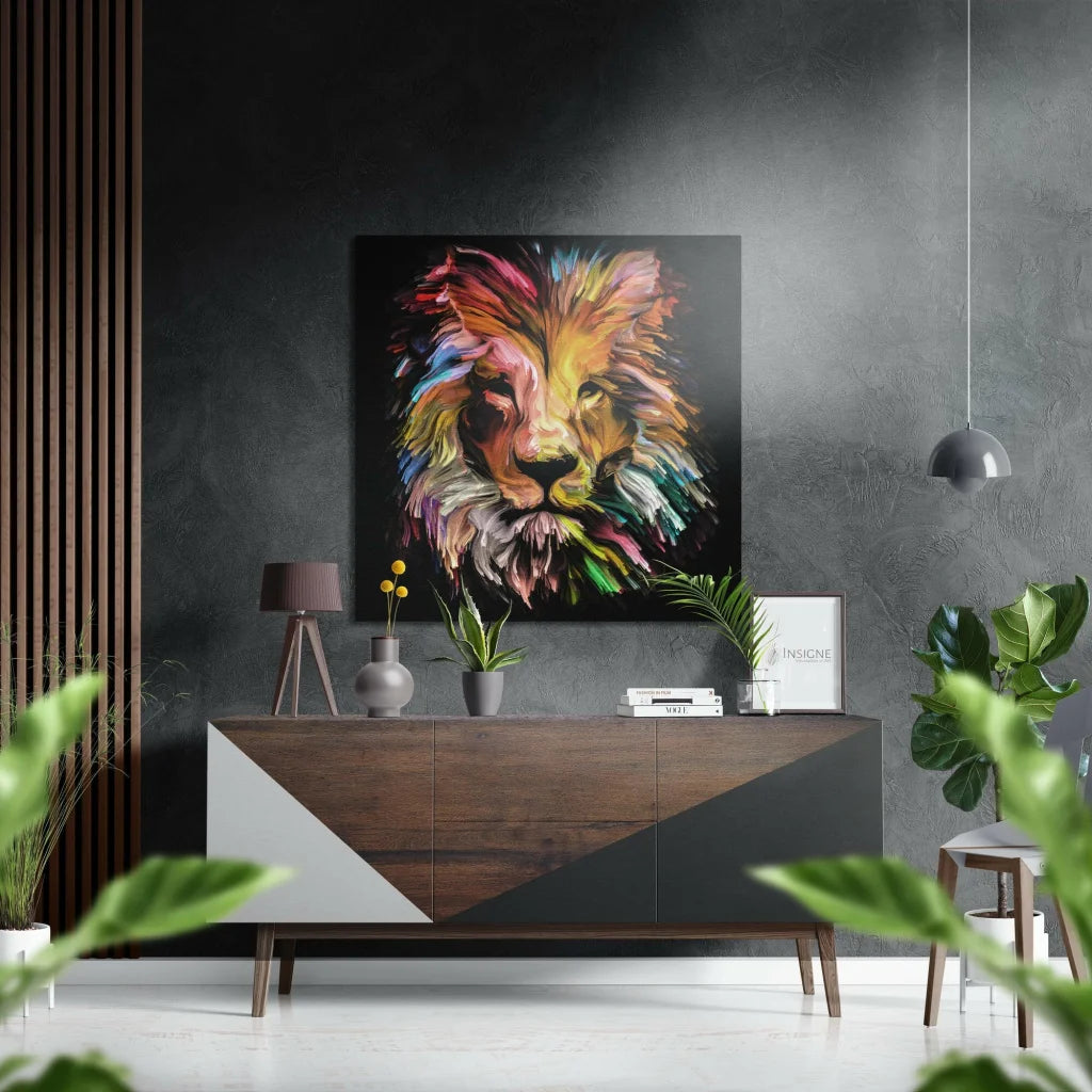 Colorful lion canvas art on brushed aluminium dibond print