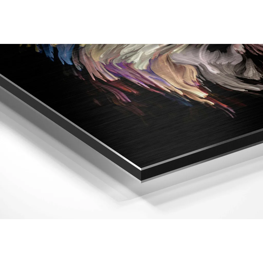Black and gold abstract art on brushed aluminium dibond with white border
