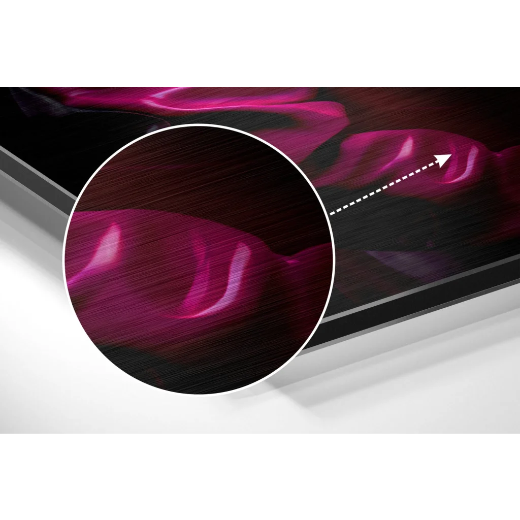 Sleek brushed aluminium Dibond art print with vibrant magenta design