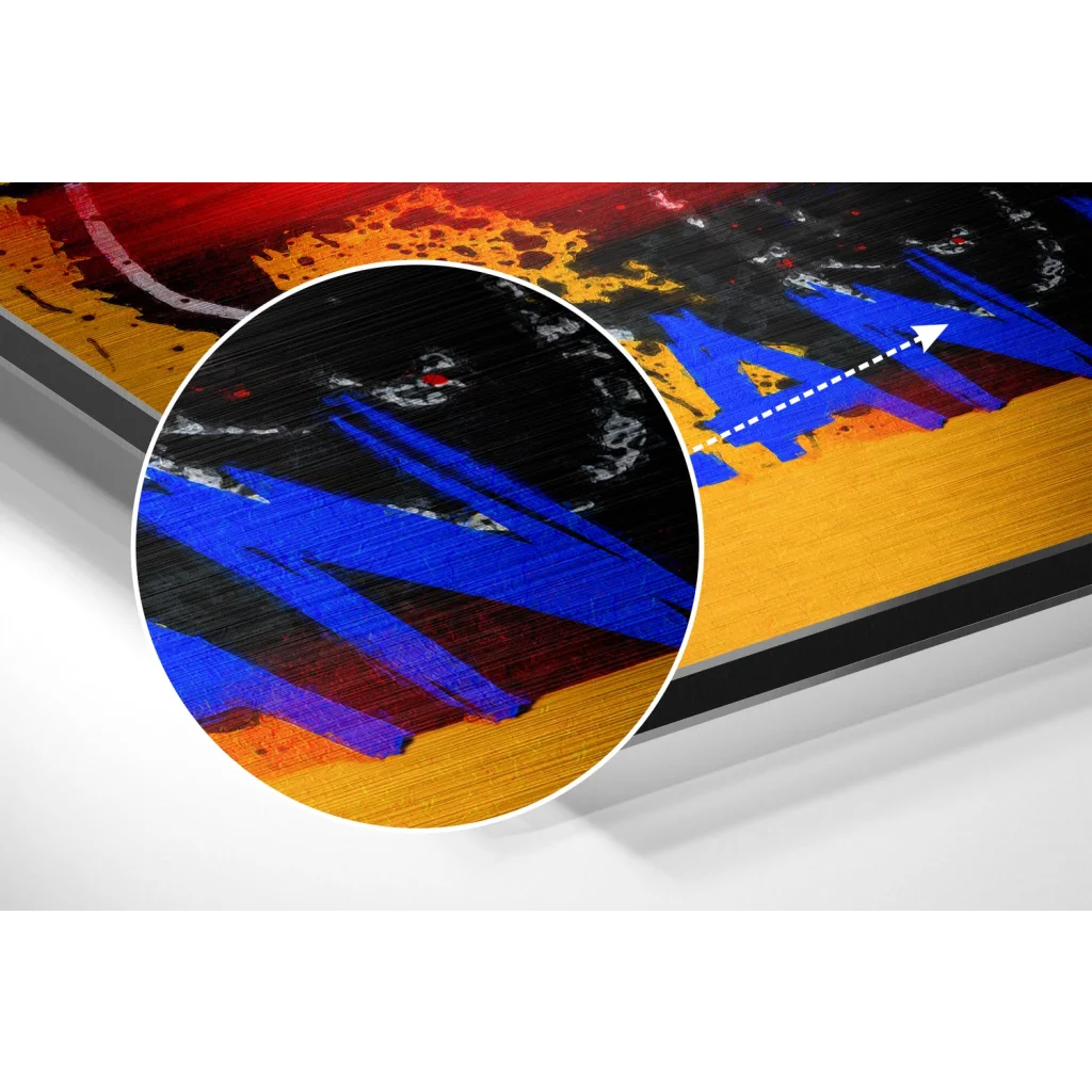 Blue and orange abstract canvas painting in black frame on brushed aluminium dibond