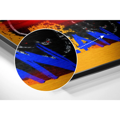 Blue and orange abstract canvas painting in black frame on brushed aluminium dibond