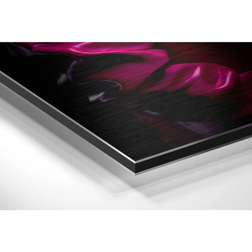 Sleek black brushed aluminium dibond print with vibrant magenta purple floral patterns