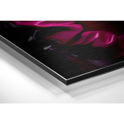 Sleek black brushed aluminium dibond print with vibrant magenta purple floral patterns