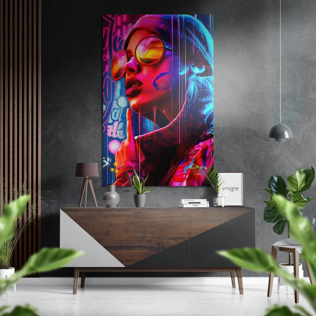 Vibrant neon graffiti woman in shades and beanie on brushed aluminium dibond