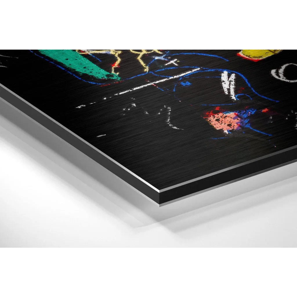 Glass Wall Art Black abstract art print in vibrant pink and yellow on brushed aluminium dibond