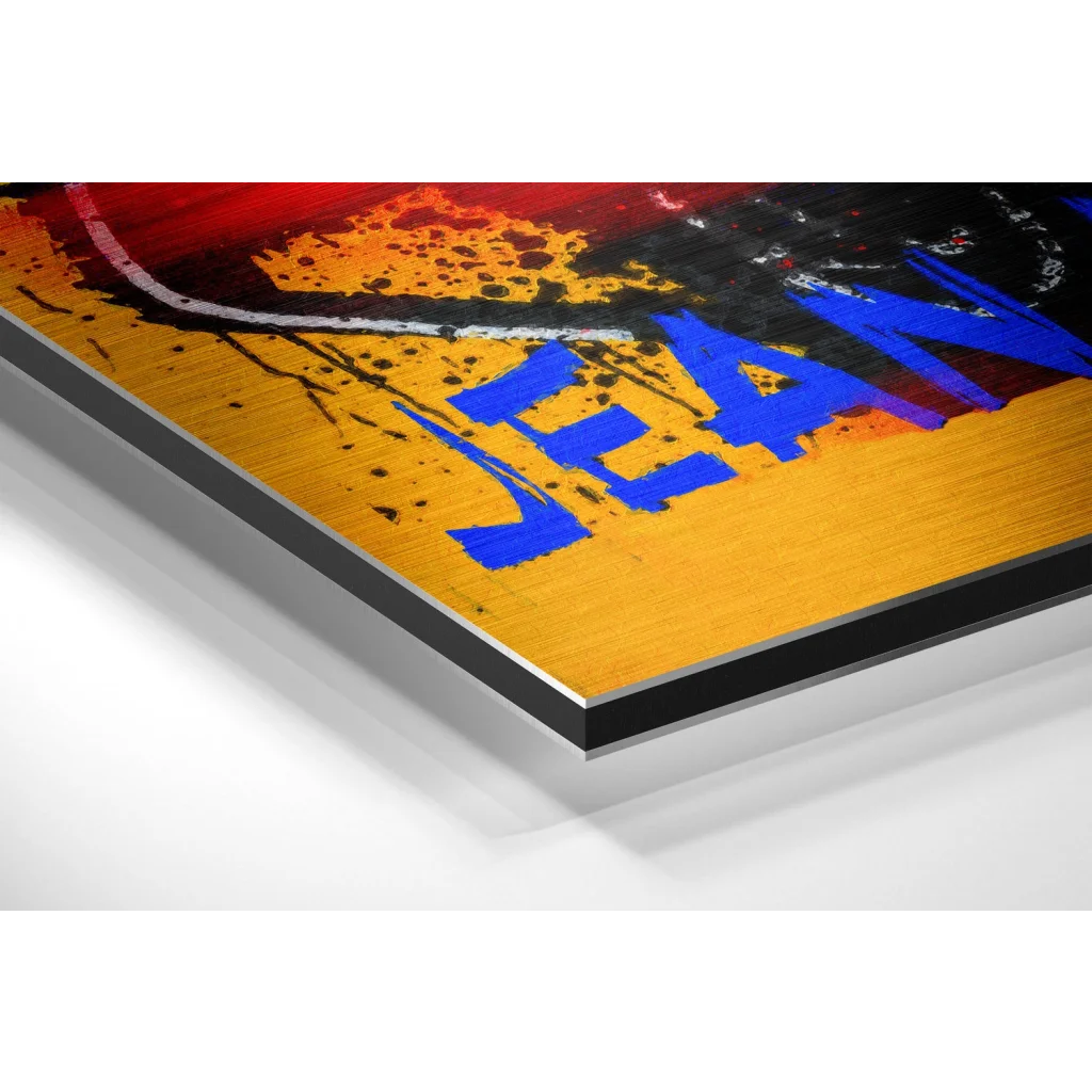 Yellow and black team poster on brushed aluminium dibond