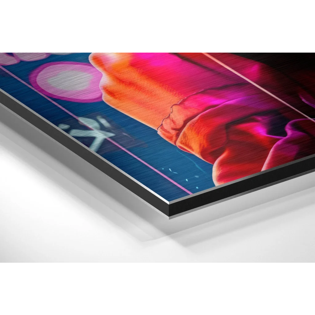 Glass Wall Art Vibrant pink orange abstract on brushed aluminium dibond black frame