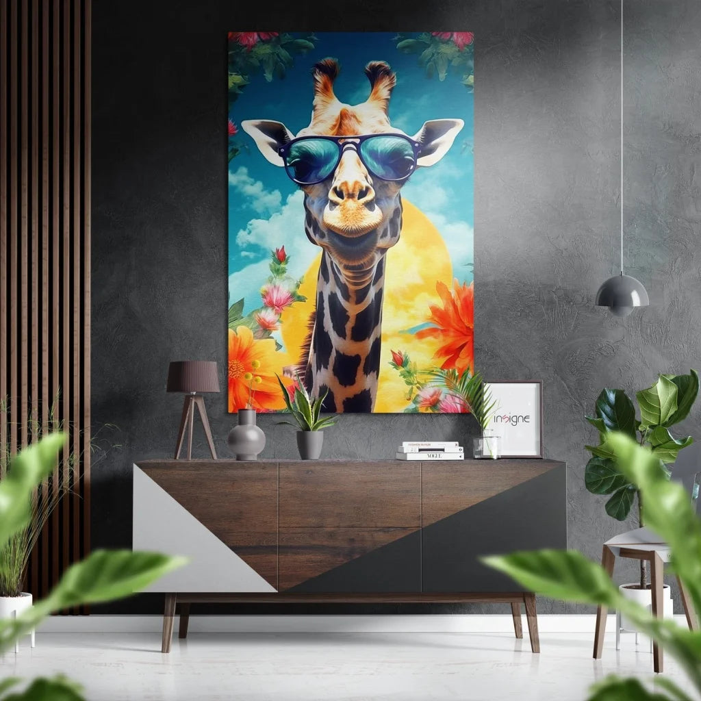 Vibrant giraffe art print on brushed aluminium dibond with sunglasses and tropical flowers