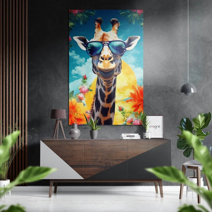 Vibrant giraffe art print on brushed aluminium dibond with sunglasses and tropical flowers