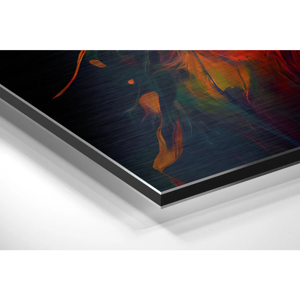 Black and orange abstract art on brushed aluminium dibond print