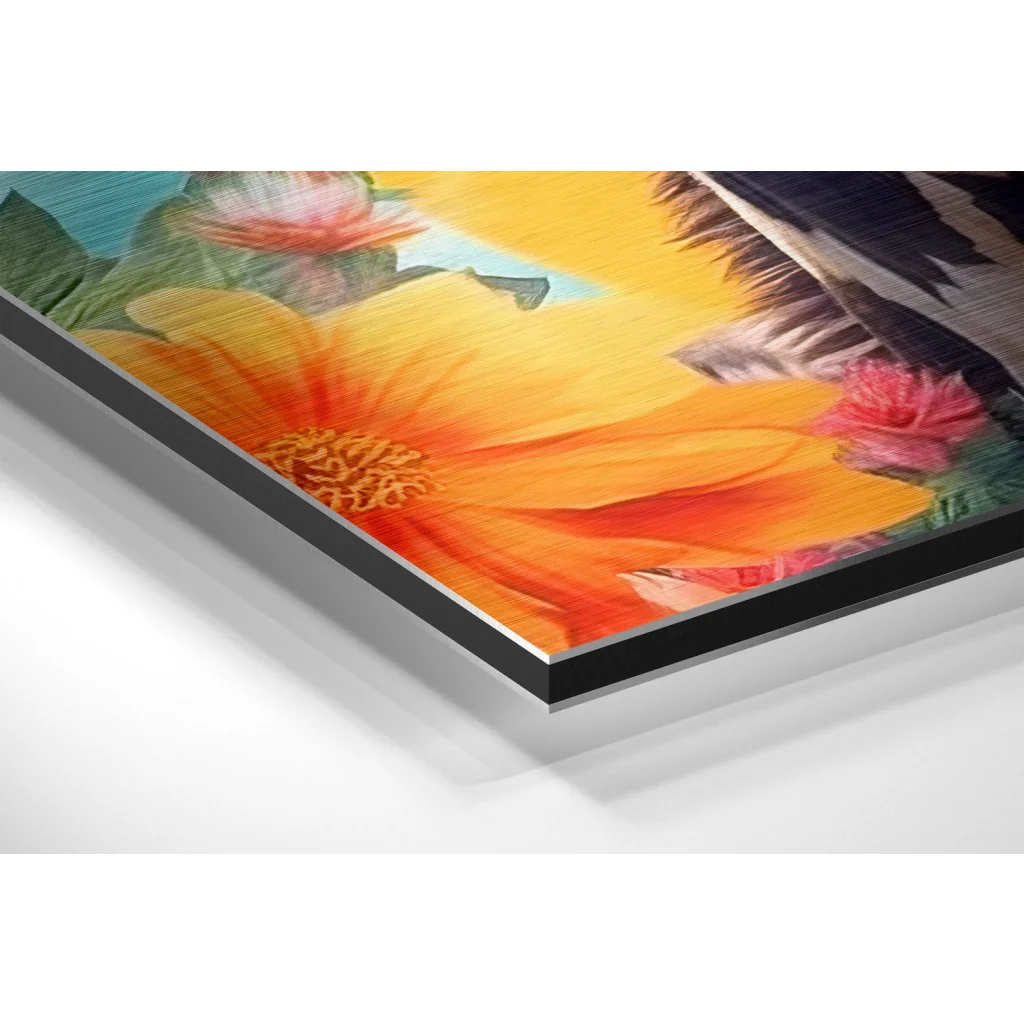 Glass Wall Art Stunning orange yellow floral print on brushed aluminium dibond in black frame
