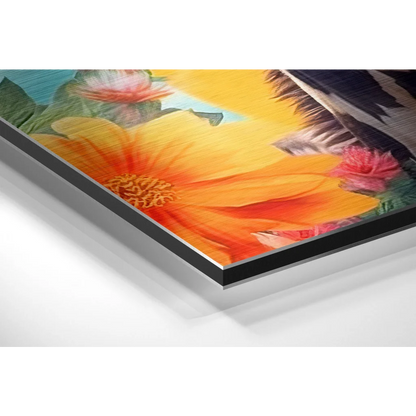 Stunning orange yellow floral print on brushed aluminium dibond in black frame