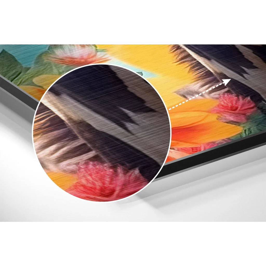 Vibrant Samsung QLED TV on brushed aluminium Dibond print