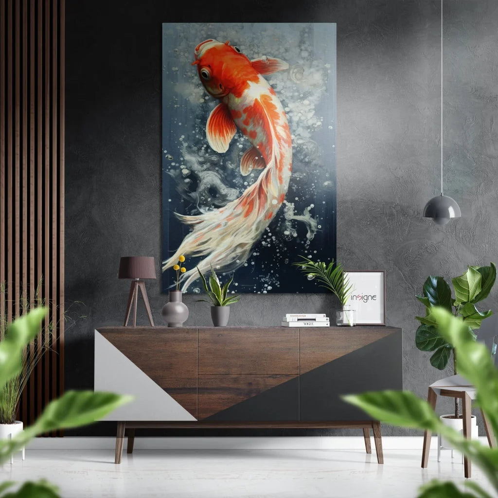 Vibrant orange white koi fish on brushed aluminium dibond art print