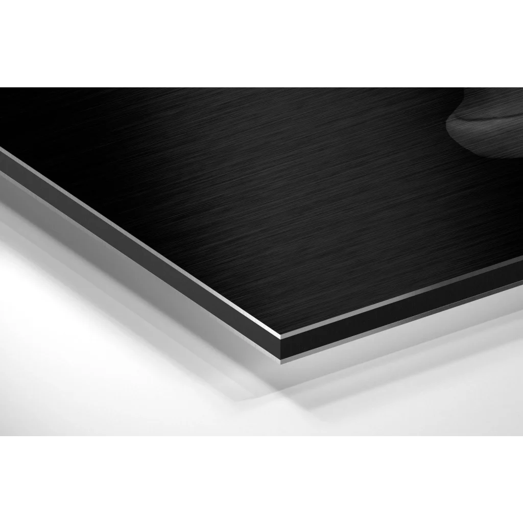 Glass Wall Art Black wooden coffee table with silver edge on brushed aluminium dibond art