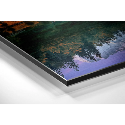 Green purple watercolor landscape in brushed aluminium dibond frame