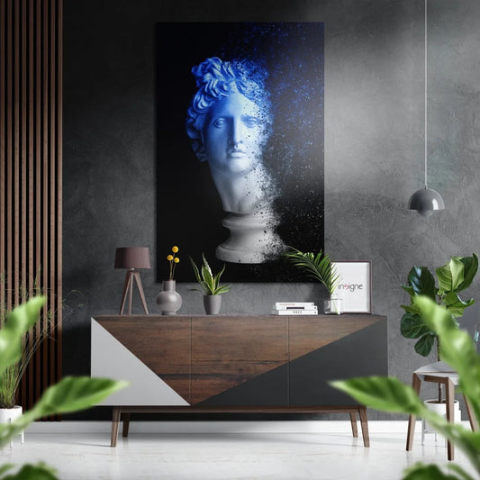 White marble bust with blue celestial accents on brushed aluminium dibond