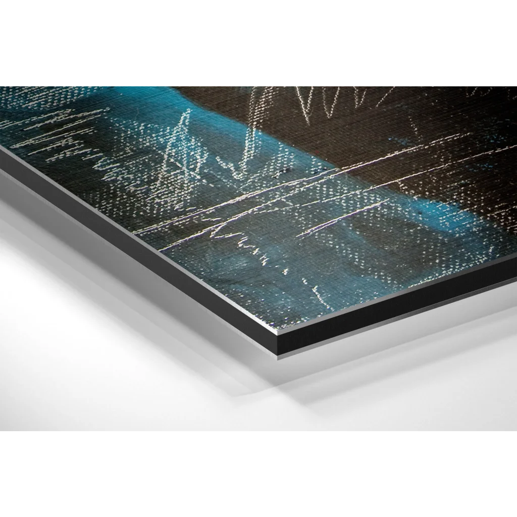 Glass Wall Art Black and teal abstract art on brushed aluminium dibond with glossy finish