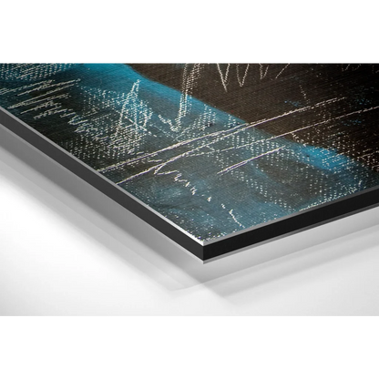 Black and teal abstract art on brushed aluminium dibond with glossy finish