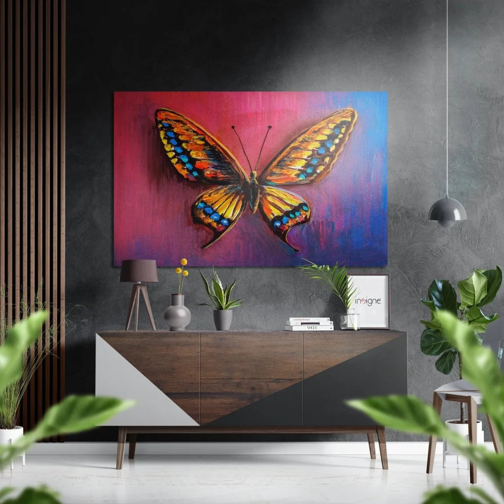 Vibrant orange blue butterfly art on brushed aluminium dibond