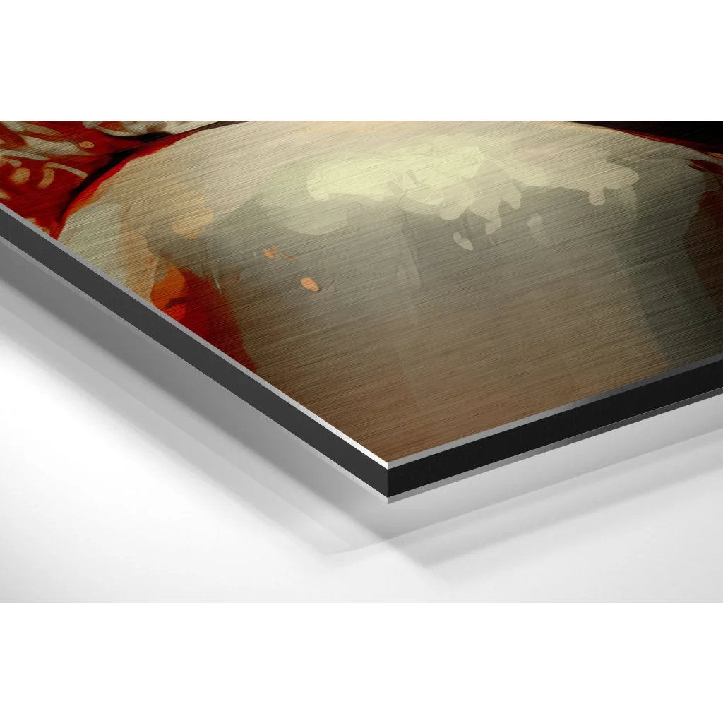 Stunning brushed aluminium dibond art print in bold red earthy tones