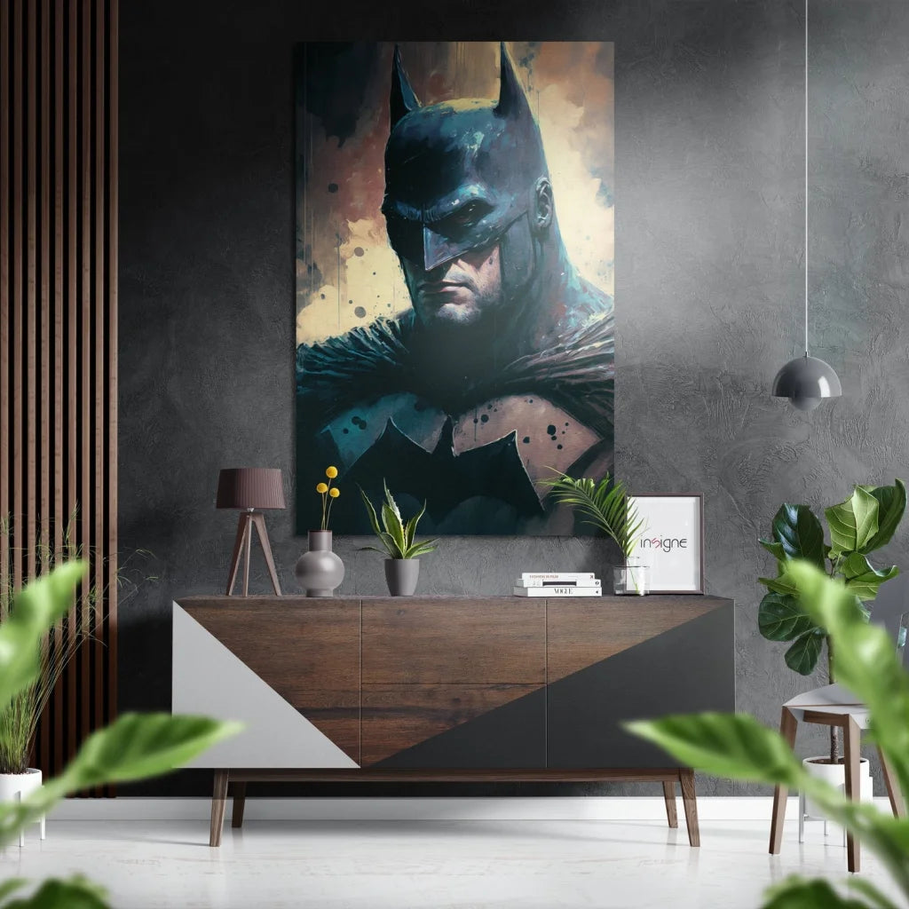 Dark blue black Batman portrait on brushed aluminium Dibond canvas art