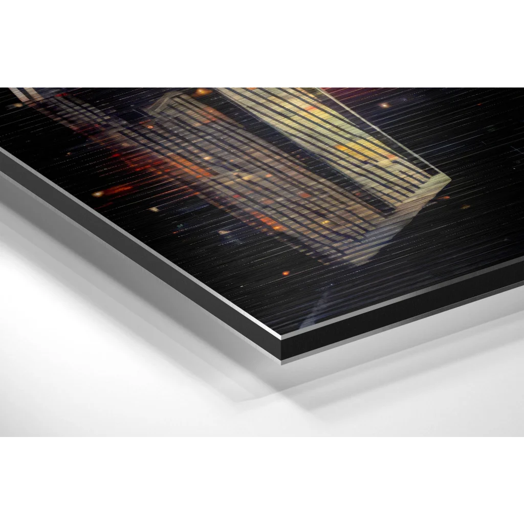 Vibrant nighttime cityscape on brushed aluminium dibond print