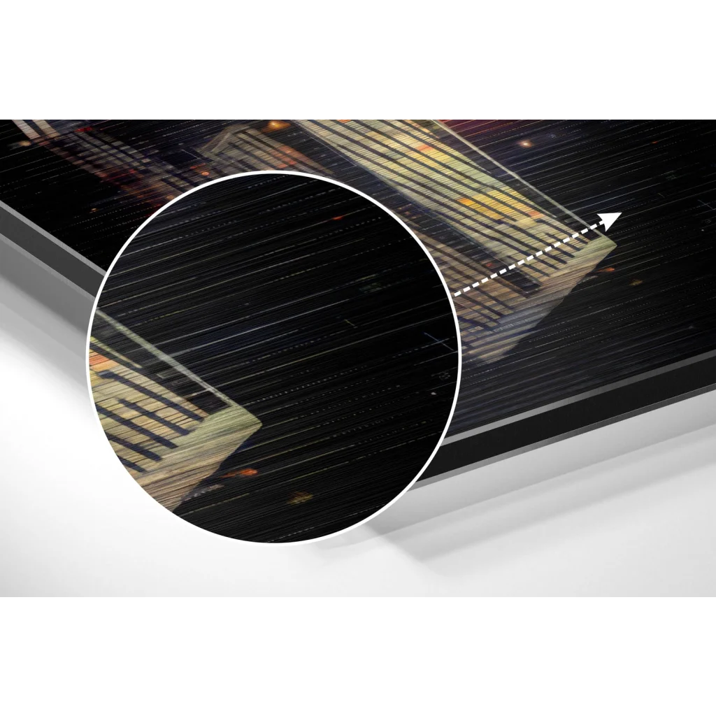 Sleek black-framed brushed aluminium dibond cityscape wall art with vibrant glowing lights