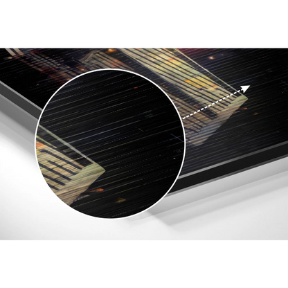 Sleek black-framed brushed aluminium dibond cityscape wall art with vibrant glowing lights