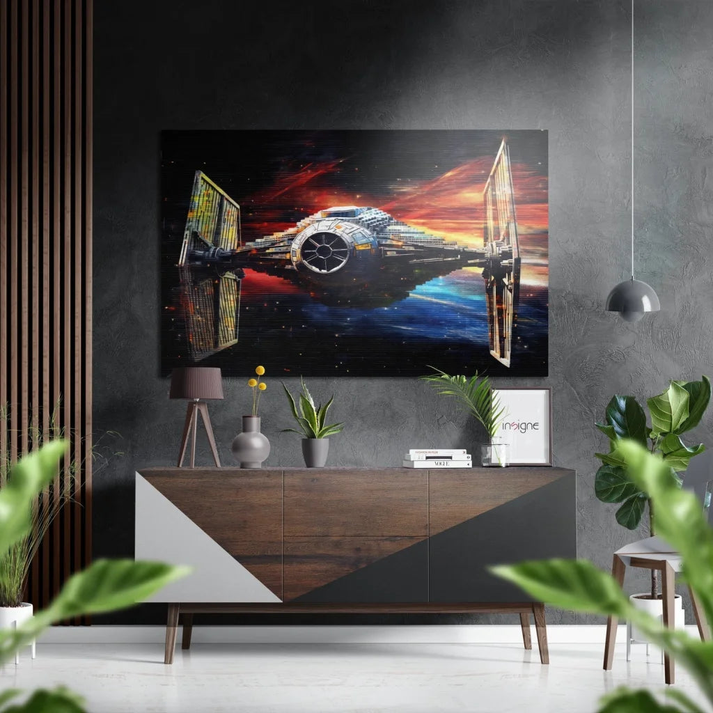 Vibrant Tie Fighter on brushed aluminium dibond space canvas print