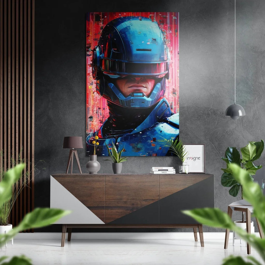 Vibrant blue robotic helmet glitch art on brushed aluminium dibond wall