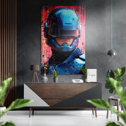 Vibrant blue robotic helmet glitch art on brushed aluminium dibond wall