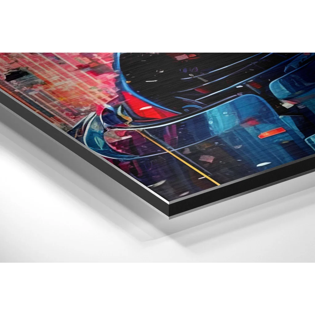 Glass Wall Art Vibrant abstract cityscape on brushed aluminium dibond in black acrylic frame