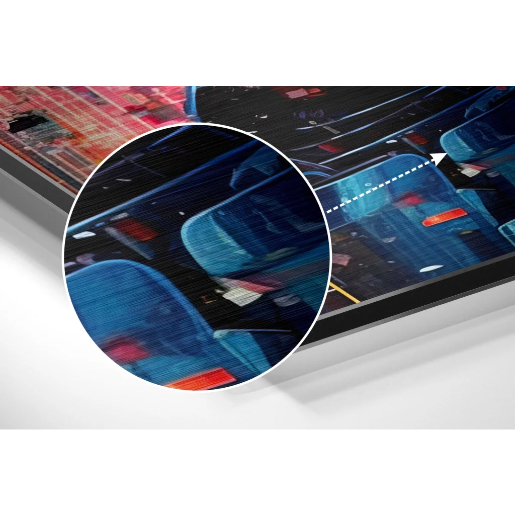 glass wall art Stunning navy blue and red abstract cityscape on brushed aluminium dibond