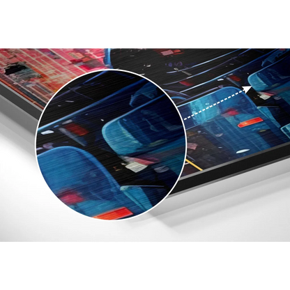 Stunning navy blue and red abstract cityscape on brushed aluminium dibond