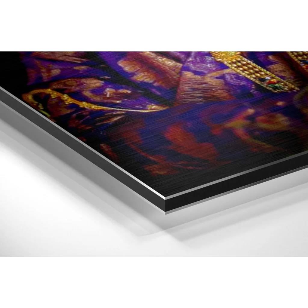 Vibrant deity art print on brushed aluminium dibond in purple and gold
