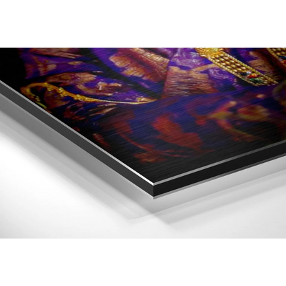 Vibrant deity art print on brushed aluminium dibond in purple and gold