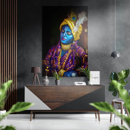 Vibrant blue deity portrait on brushed aluminium dibond in modern interior