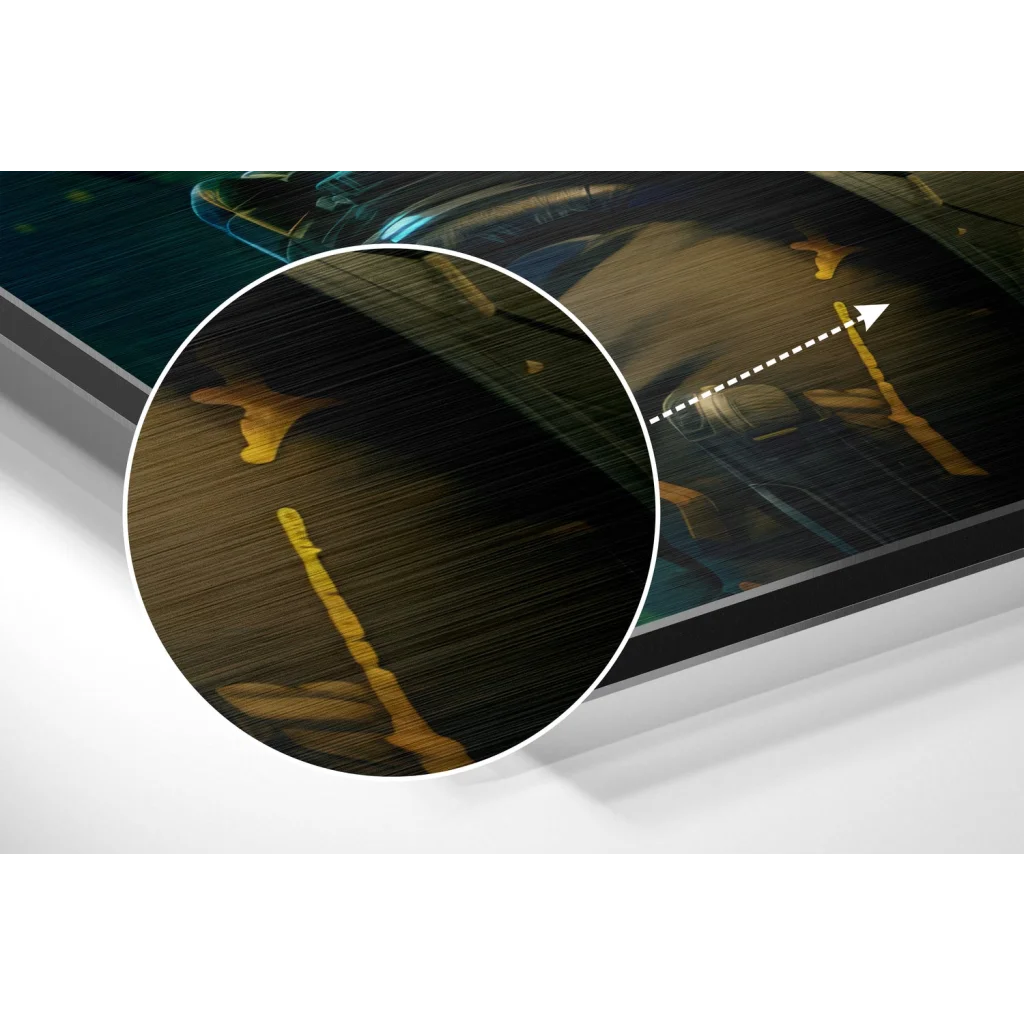 Sleek black-framed brushed aluminium dibond print of sci-fi scene with glowing yellow weapons