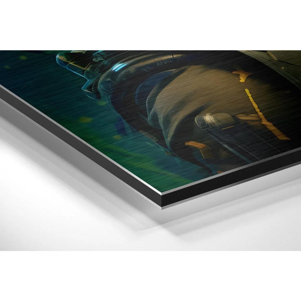 Dark blue and green metallic-framed brushed aluminium dibond gaming art print