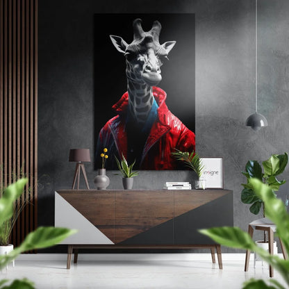 Stunning red leather jacket giraffe on brushed aluminium dibond wall art print