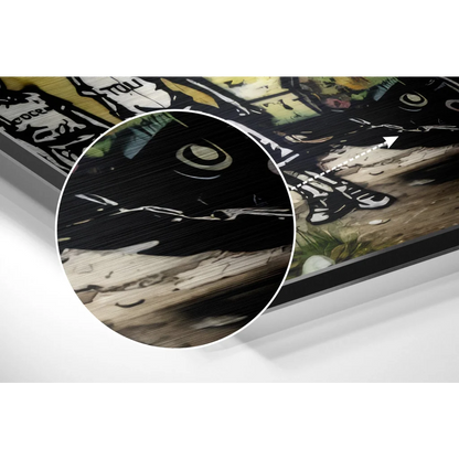 Black cat graffiti art on brushed aluminium dibond print