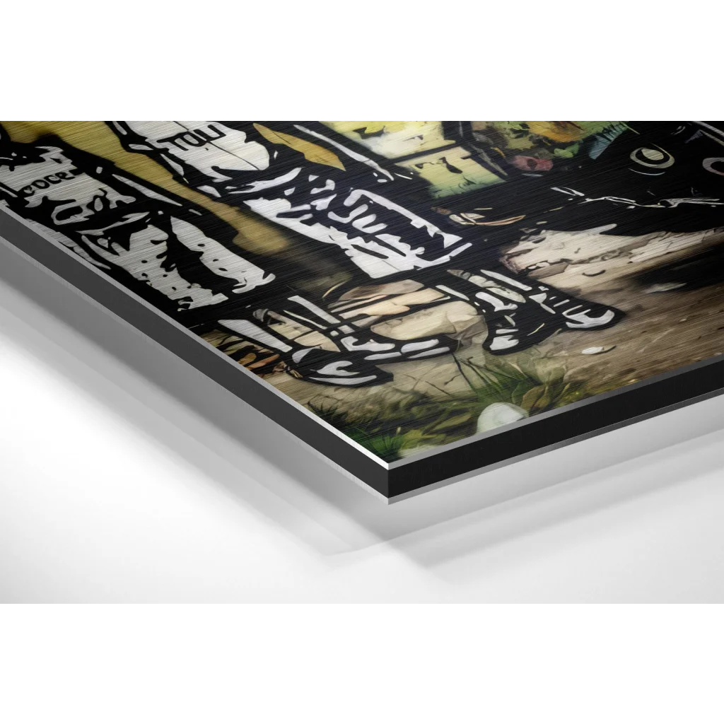 Black and white graffiti art on brushed aluminium dibond panel