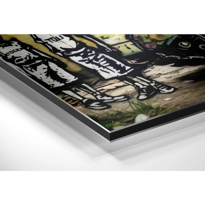 Black and white graffiti art on brushed aluminium dibond panel