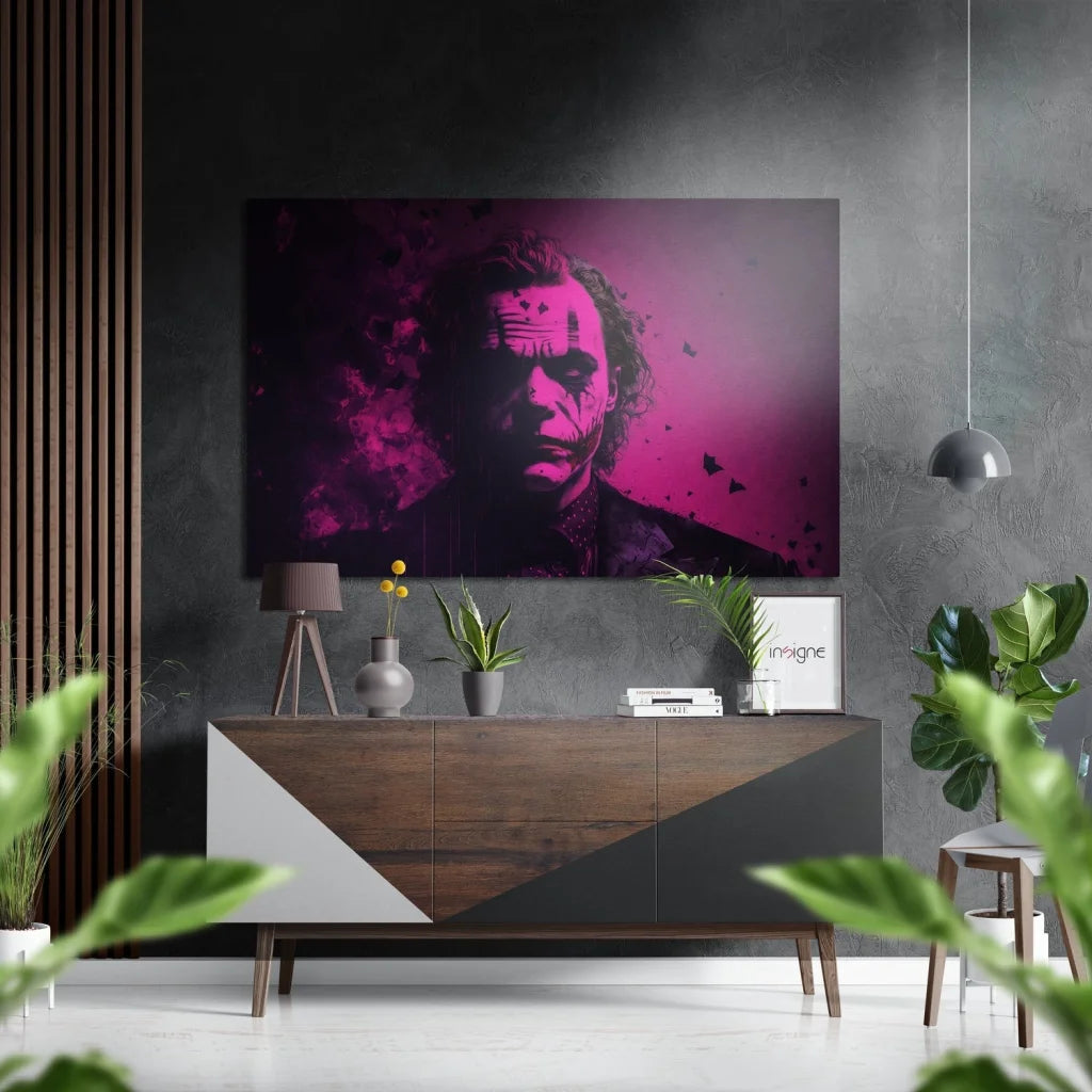 Vibrant magenta black Joker portrait on brushed aluminium Dibond wall art