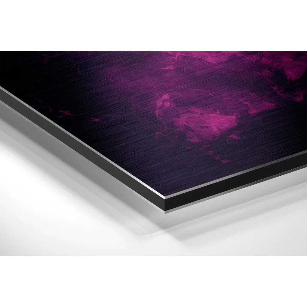 Sleek black frame with vibrant magenta purple abstract on brushed aluminium dibond Joker print