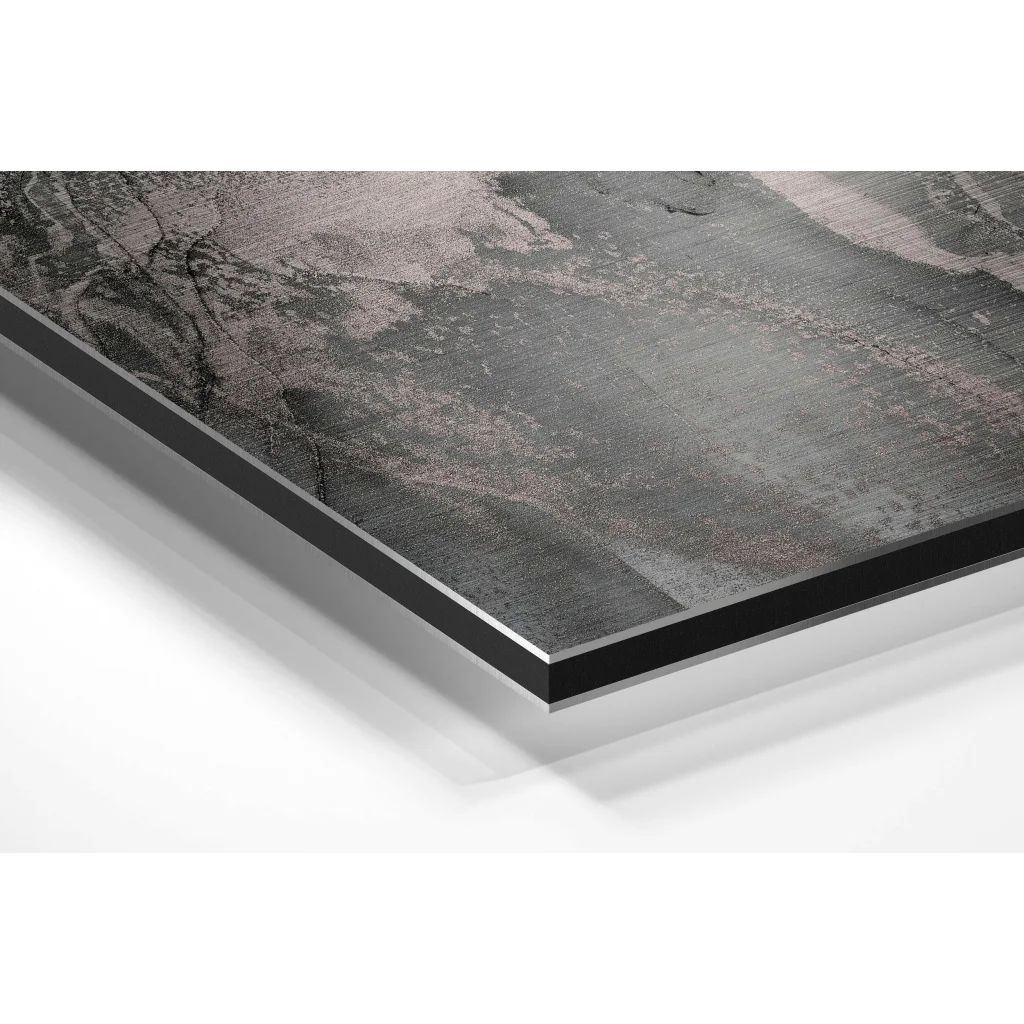 Black marble effect mat with silver border on brushed aluminium dibond print